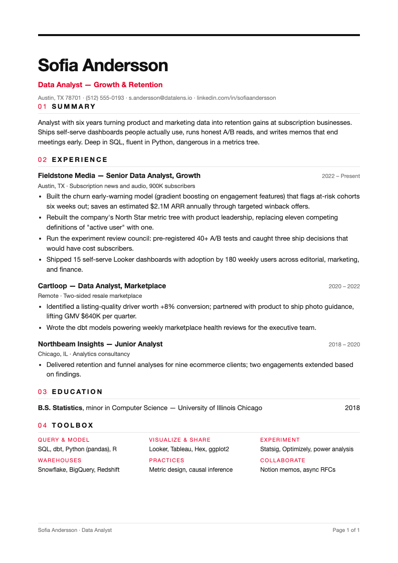 Minimalist grid resume - A minimalist Resume template with hairline dividers, numbered sections, and a disciplined grid - a data analyst's dream of order and whitespace.